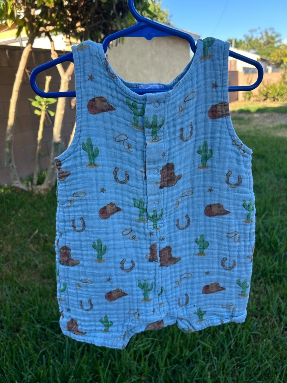 Angel Dear Light Blue Cowboy Print Muslin Romper